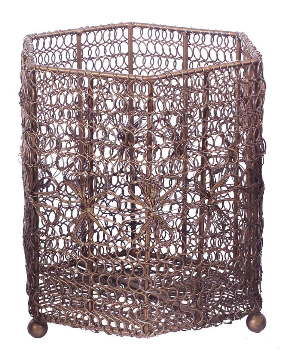 7” Hexagonal Tea-Light Holder / Candle Stand in Wire Mesh with Floral Pattern - Bronze Color - Antique-Look Home Decor - Buy in Bulk Wholesale